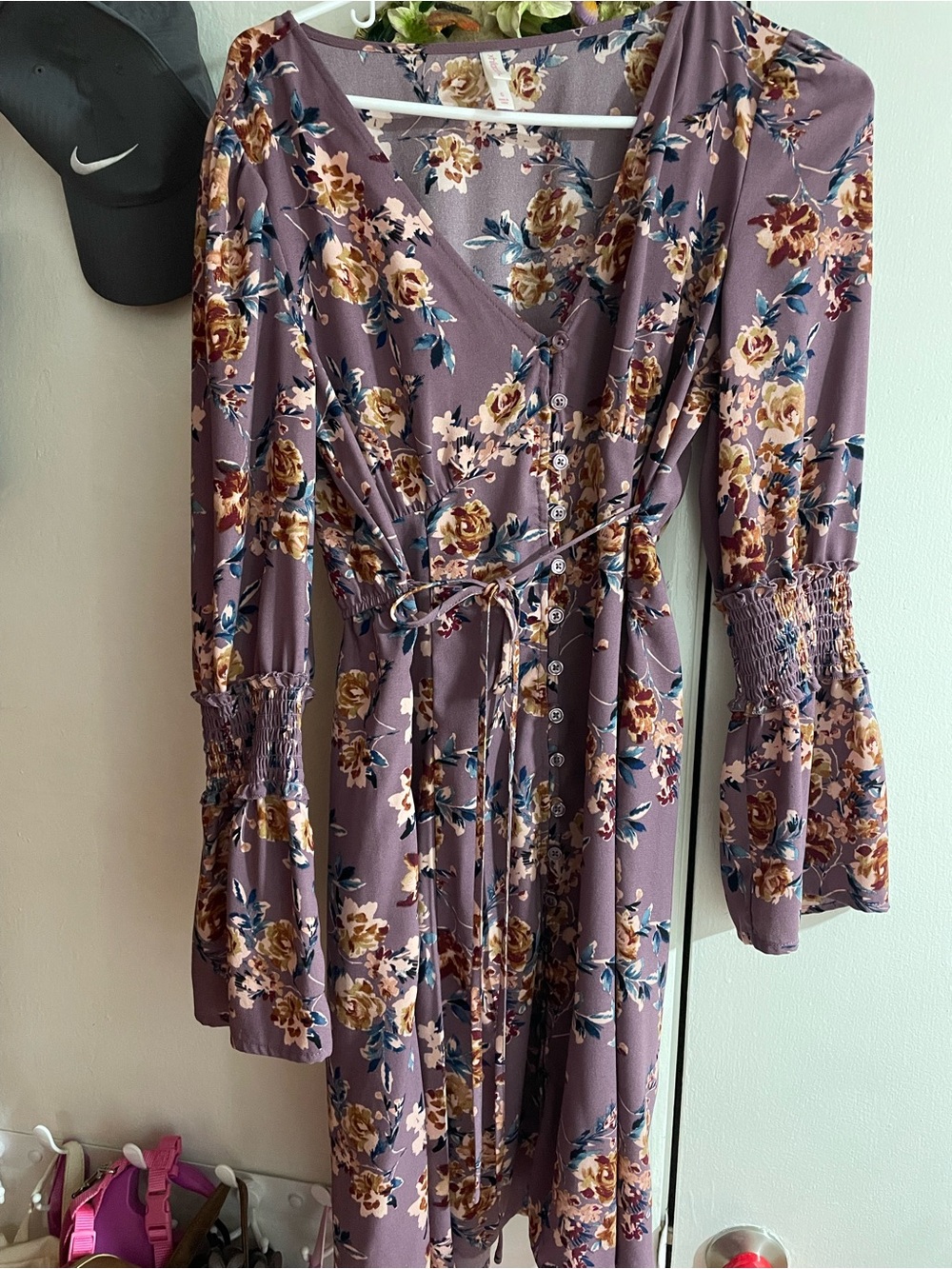 Xhilaration Mauve Floral Midi Dress with Tie Waist